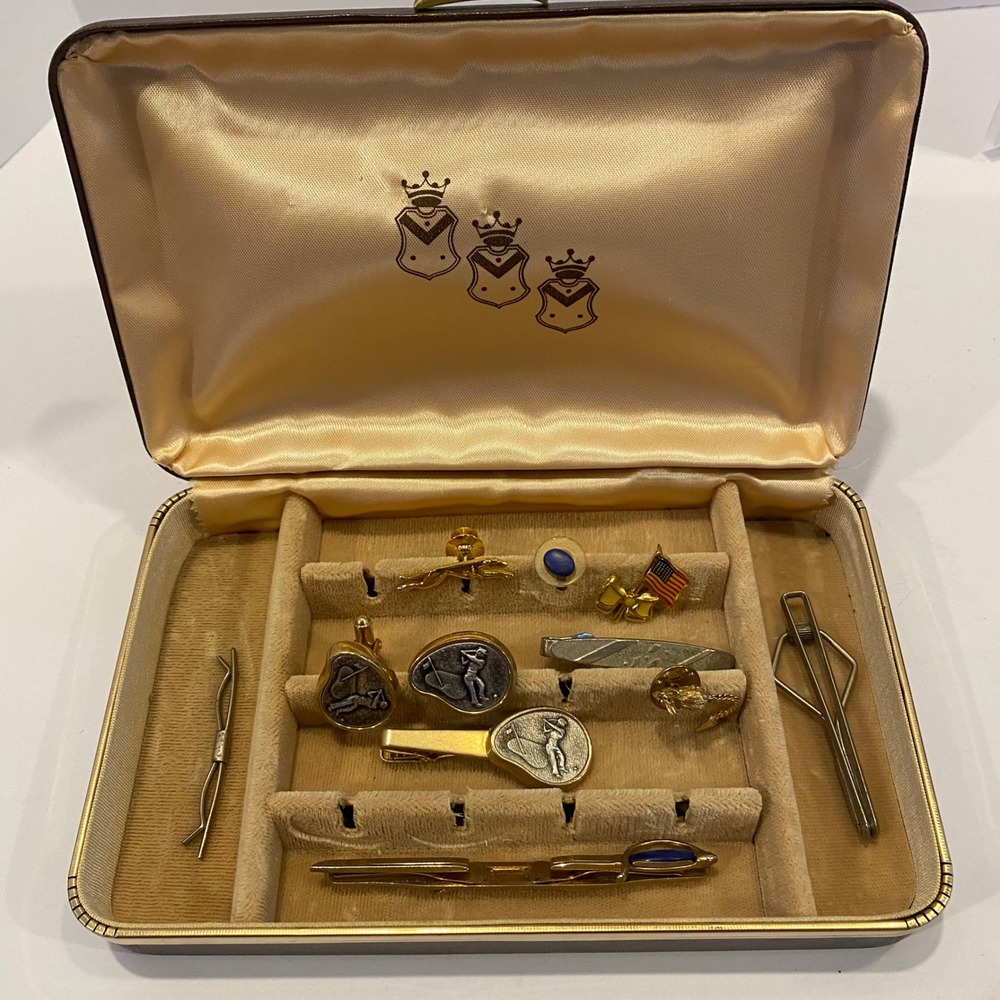 Vintage Accessory Lot Mens Cuff Links Tie Tacks and Clips Gold Silver Golf Arrow